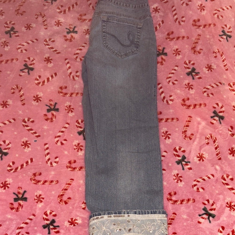 Women's Blue Jean Capris with Silver Lacy Embroidered Cuffs